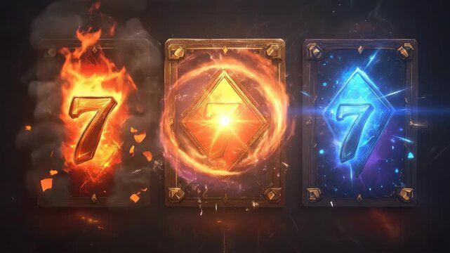 Playing cards with a lucky seven on fire, glowing with energy, and surrounded by blue electricity for a fantasy game