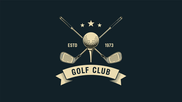 Vintage style golf club emblem with crossed clubs a golf ball on a tee and three stars for tournament or club branding.