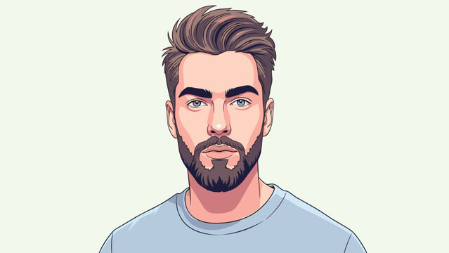 Vector portrait of a young man with a well-groomed beard and stylish hair against a light green background for modern avatar use.