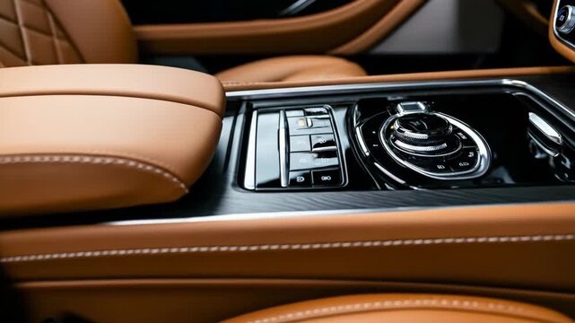 Luxurious car interior with brown leather seat and control panel detail. Vehicle design and automotive comforts.