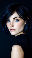 Naklejka premium Dark Blue Short Hair, Blue Eyes, Black Top Portrait