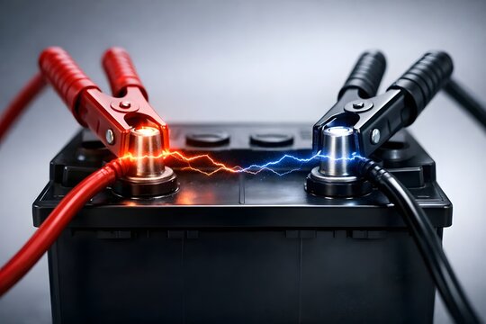 Automotive Battery with Active Electrical Current Between Jumper Cables for Emergency Power Concept
