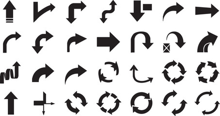 Set of black arrow symbols showing various directional movements, curves, and circular rotation patterns for navigation design.