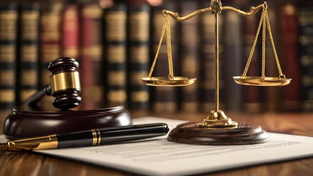 Gavel, pen, and law scales on document with books background representing justice and legal consultation