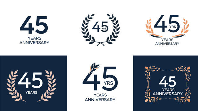 Selection of six different logo designs for a forty five years anniversary featuring laurel wreaths and elegant frames.
