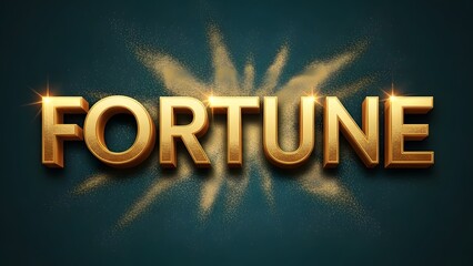 Gold 3d fortune text with sparkling particles on dark teal background
