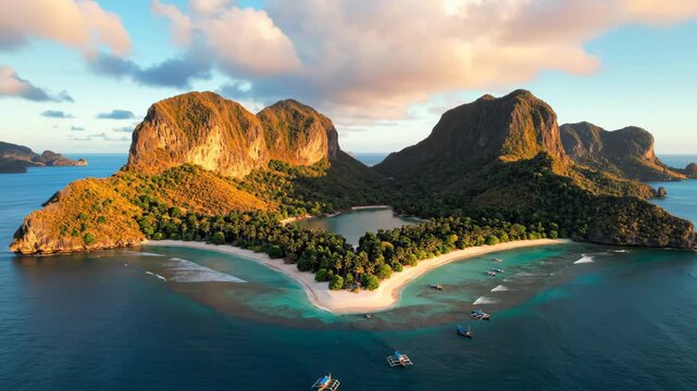 Aerial View of El Nido Island Paradise Palawan Philippines with Turquoise Waters White Sand Beaches and Lush Green Forest Under Cloudy Blue Skies Coastal Scenery