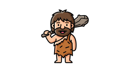 Obraz premium Strong cartoon caveman in a brown animal skin tunic holding a large wooden club over his shoulder on a clean white background.