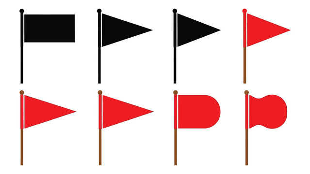 A collection of black and red flags of various shapes on poles against a white background.