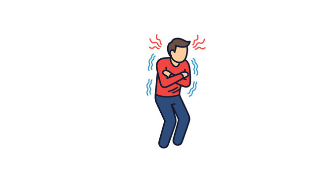 Person wrapped in a red sweater shivers with wavy lines and red marks, depicting symptoms of a high fever, chills, or extreme cold weather conditions.