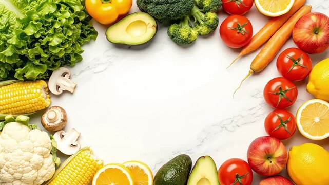 Fresh Raw Vegetables and Fruit Border on White Marble Background
