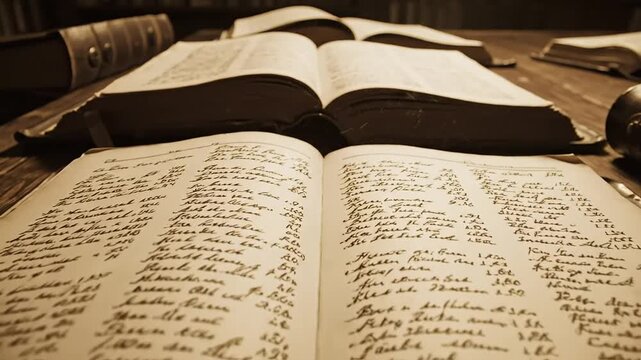 Open antique books with handwritten script and sepia tone for historical research and knowledge archives