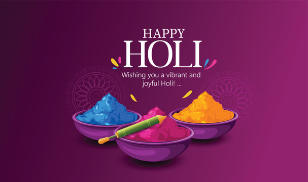 Happy Holi Festival Of Colors. Illustration Of Colorful Gulal For  Holi festival illustration featuring bowls of colored powder, splashes of vibrant hues, a distant skyline, and joyful silhouette