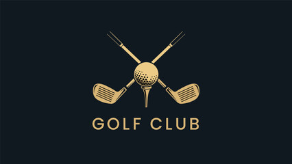 Elegant golf club logo with crossed clubs and ball on a tee in gold color over a dark blue background for luxury sports.