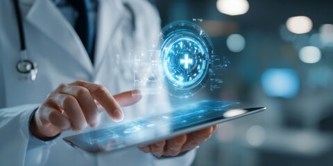 Healthcare professional using digital tablet with futuristic holographic interface and medical data visualization in modern clinic for telemedicine solutions