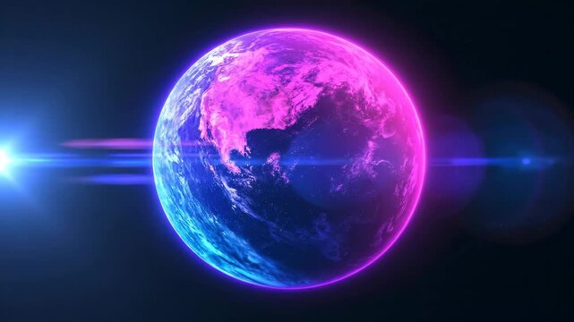 Fantasy planet rotation with blue and pink light glow on black background. Abstract space animation of unknown world.