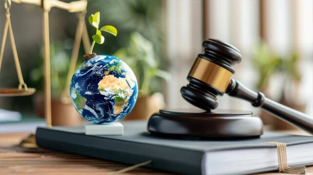 Symbolic representation of environmental justice with a gavel, globe, and plant emphasizing legal responsibility.