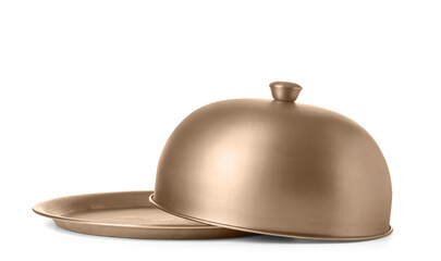 Fototapeta premium Metal tray and cloche on white background