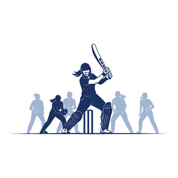 Silhouette illustration of women cricketers playing a match on the field, vector illustration

