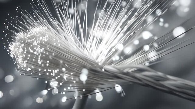 Close-up of a broken fiber optic cable emitting light and signals.