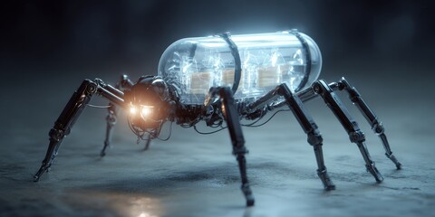 Fototapeta premium Futuristic robotic spider with transparent casing, mechanical legs, glowing eyes, and intricate wiring displayed on a dark background
