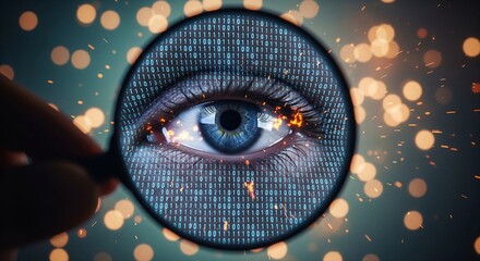 Magnifying glass analyzing human eye overlaid with binary code and digital data sparks