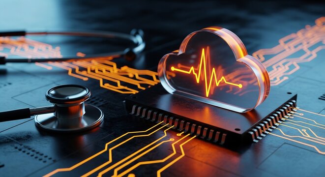 Conceptual visualization of digital health technology with cloud data storage and medical monitoring.
