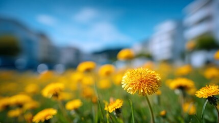 A field of yellow flowers with a bright blue sky in the background