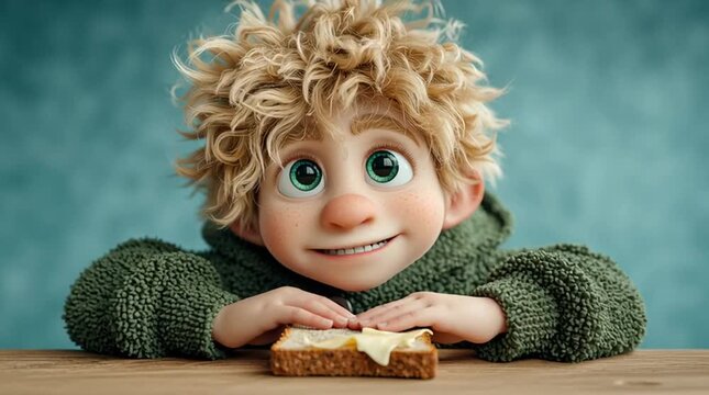 Single bright 3D cartoon-style image of a happy child sitting at a kitchen table after eating a cheese sandwich, hand on their belly, curious face. Bold colors, smooth 3D look, playful proportions
