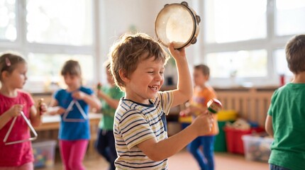 Happy little boy playing tambourine maraca music class kindergarten school education rhythm instrument fun learning childhood activity preschool student group joyful laughing