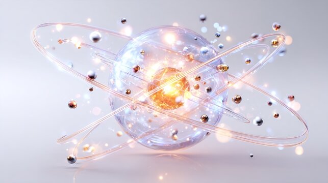 Atomic Structure Model with Glowing Electrons and Nucleus &ndash; Quantum Physics Concept