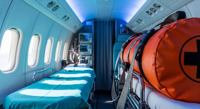 Interior of an air ambulance aircraft with medical equipment and patient stretcher ready for critical care transport.