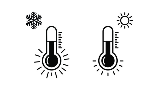Two thermometers indicating cold and hot temperatures with icons of a snowflake and sun.