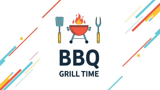 Colorful BBQ grill time promotion banner featuring a grill, spatula, and fork with diagonal geometric lines.