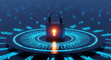Digital cybersecurity concept with padlock protecting data on futuristic glowing circuit platform.