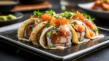 Fusion food dish on plate combining sushi and taco with fresh fish, rice, sauce, and garnished with herbs and roe, served on black plate