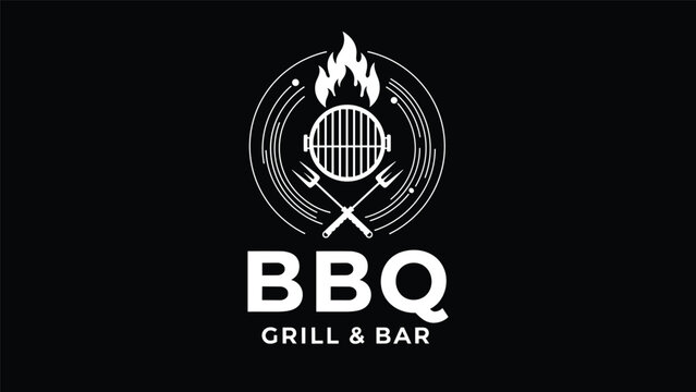Professional logo for a BBQ grill and bar featuring a circular design with a grill, fire, and utensils on a black background.