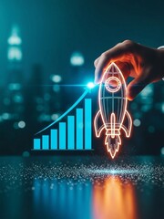 Fototapeta premium Hand launching glowing rocket next to rising financial growth bar chart