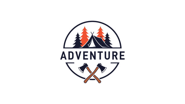 Adventure themed logo featuring a tent in front of pine trees with crossed axes inside a circular badge for camping and nature.