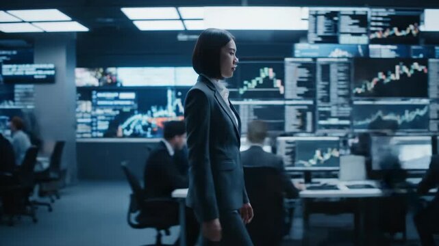 A Businesswoman Walks Through a Stock Market Trading Floor at an Investment Firm.