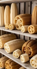 Natural fibrous bath sponges are neatly displayed on wooden shelving units