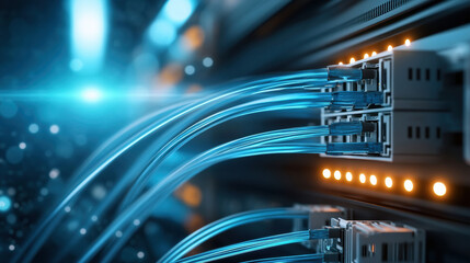 Fiber optic cables connected to network switch glowing blue with bokeh light effect in data center environment