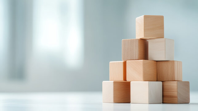Wooden blocks stacked in pyramid shape on white surface with soft natural light creating calm and balanced atmosphere