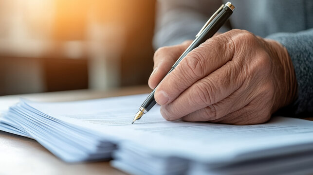 Person signing document with pen on stack of paper in warm light, close up of hand holding pen for contract or report