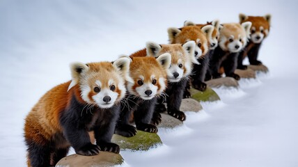 A charming line of curious red pandas standing shoulder to shoulder on fresh snow, capturing playful social behavior, winter wildlife harmony, and tranquil natural beauty