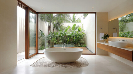 Bathroom with oval bathtub and large glass window showing lush green garden outside, modern minimalist design with natural light