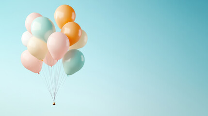 Fototapeta premium Bunch of colorful pastel balloons floating against clear blue sky creating light and joyful atmosphere