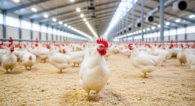 Numerous white chickens stand in a bright, commercial chicken farm interior environment on a bedding of grain.