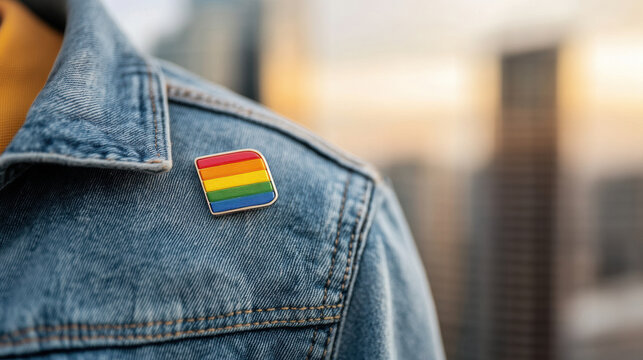 Rainbow pride pin on blue denim jacket close up with blurred city background in warm light