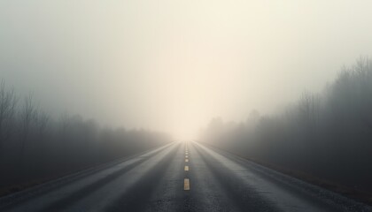 Empty Asphalt Road Fading into Dense Fog and Forest Trees Illuminated by Soft Golden Sunlight Vast Landscape Horizon View